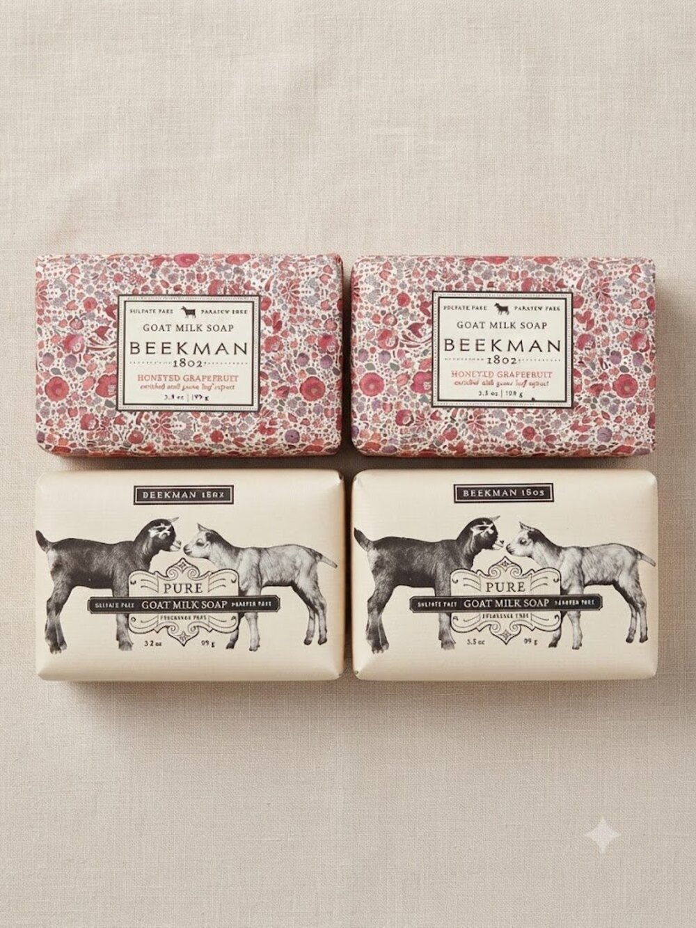 Beekman 1802 Goat Milk Soap Bundle - Honeyed Grapefruit & Pure (4 Pack)